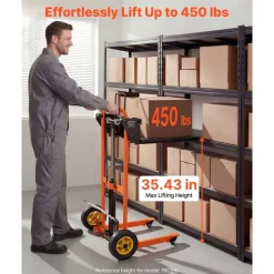 VEVOR Hydraulic Material Lift Winch Stacker, 450 lbs Load Capacity, Pallet Truck Dolly with Fork Lift Table, 35.4 Inches Max Lifting Height, Foldable & Portable Pallet Jack Table Cart, Orange & Black