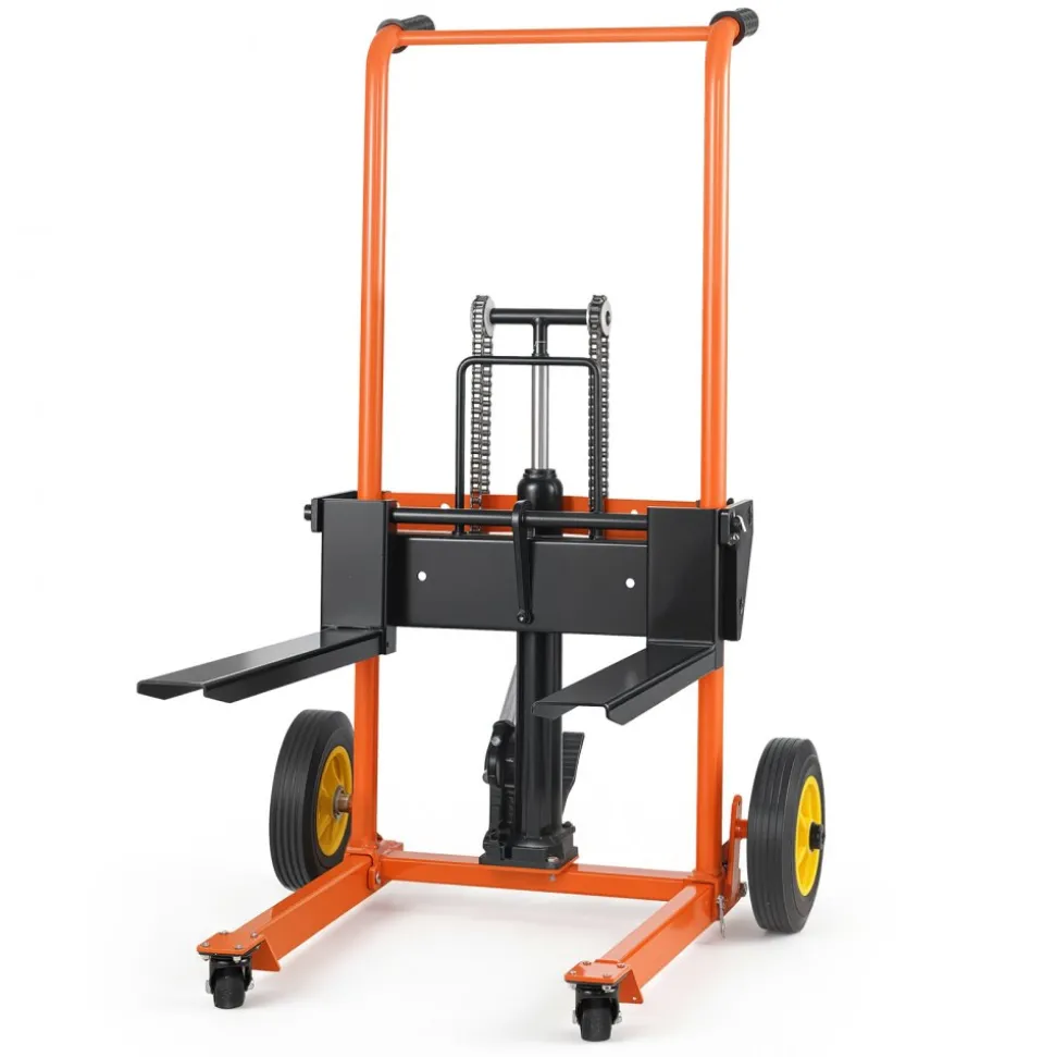 VEVOR Hydraulic Material Lift Winch Stacker, 450 lbs Load Capacity, Pallet Truck Dolly with Fork Lift Table, 35.4 Inches Max Lifting Height, Foldable & Portable Pallet Jack Table Cart, Orange & Black