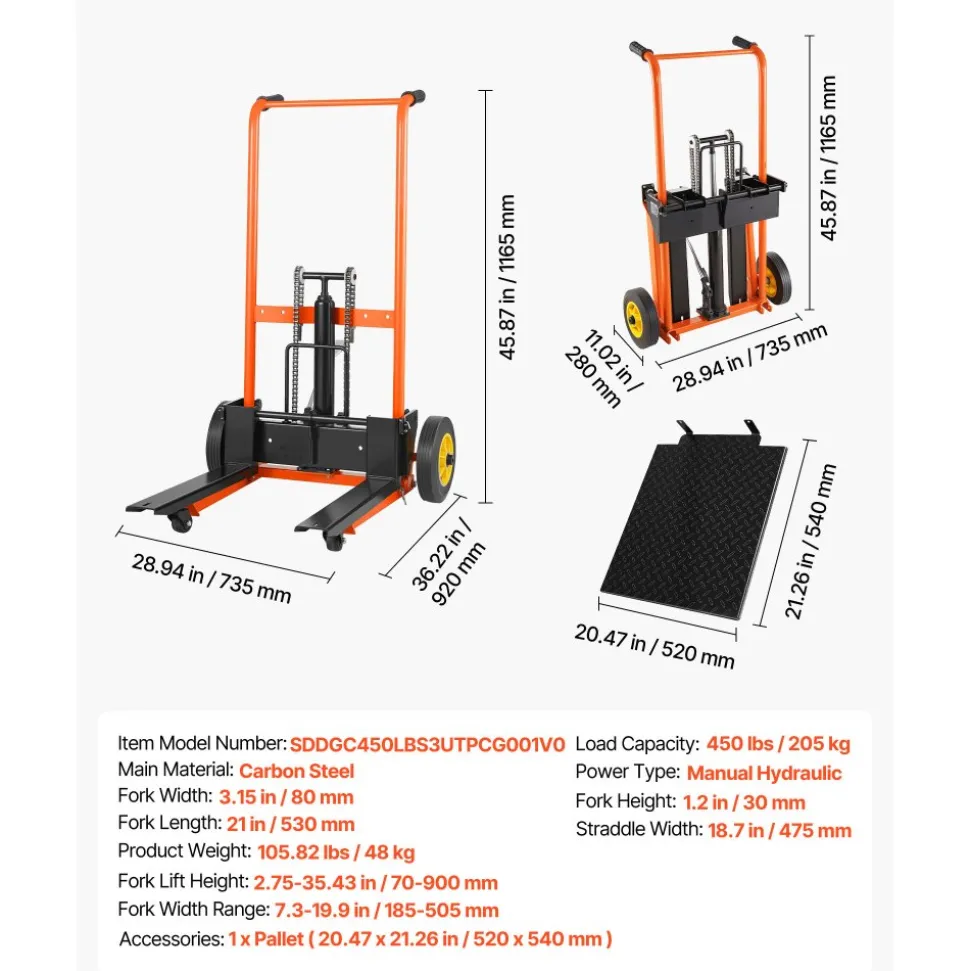 VEVOR Hydraulic Material Lift Winch Stacker, 450 lbs Load Capacity, Pallet Truck Dolly with Fork Lift Table, 35.4 Inches Max Lifting Height, Foldable & Portable Pallet Jack Table Cart, Orange & Black