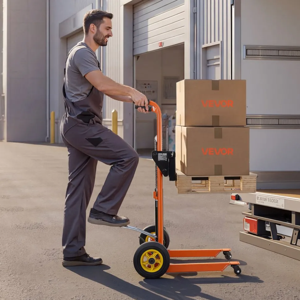 VEVOR Hydraulic Material Lift Winch Stacker, 450 lbs Load Capacity, Pallet Truck Dolly with Fork Lift Table, 35.4 Inches Max Lifting Height, Foldable & Portable Pallet Jack Table Cart, Orange & Black