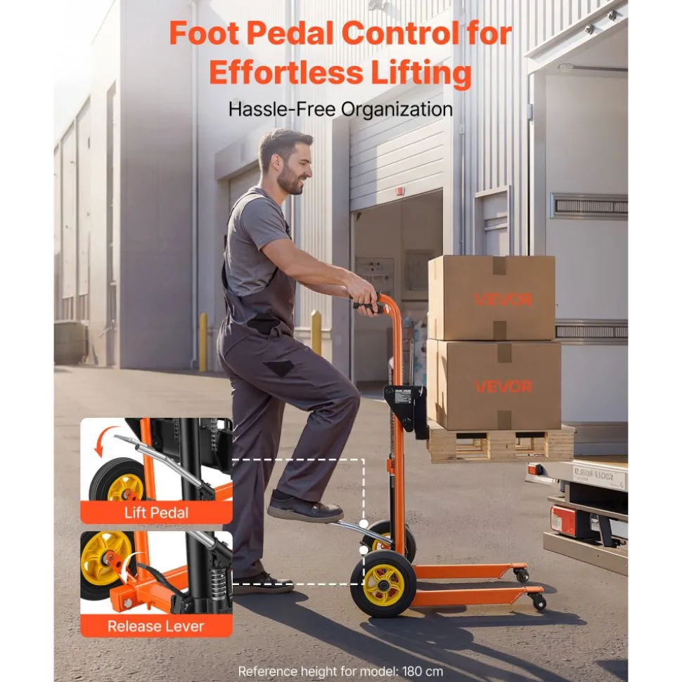 VEVOR Hydraulic Material Lift Winch Stacker, 450 lbs Load Capacity, Pallet Truck Dolly with Fork Lift Table, 35.4 Inches Max Lifting Height, Foldable & Portable Pallet Jack Table Cart, Orange & Black