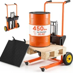 VEVOR Hydraulic Material Lift Winch Stacker, 450 lbs Load Capacity, Pallet Truck Dolly with Fork Lift Table, 35.4 Inches Max Lifting Height, Foldable & Portable Pallet Jack Table Cart, Orange & Black