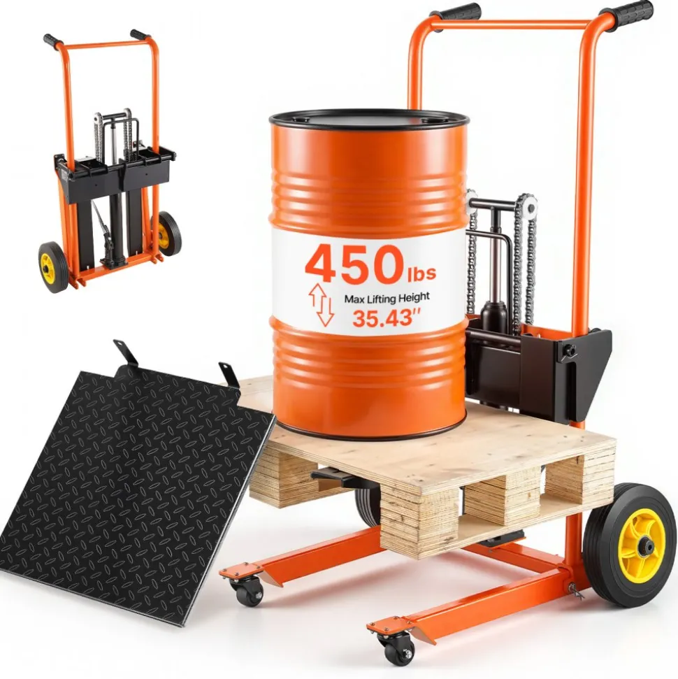 VEVOR Hydraulic Material Lift Winch Stacker, 450 lbs Load Capacity, Pallet Truck Dolly with Fork Lift Table, 35.4 Inches Max Lifting Height, Foldable & Portable Pallet Jack Table Cart, Orange & Black