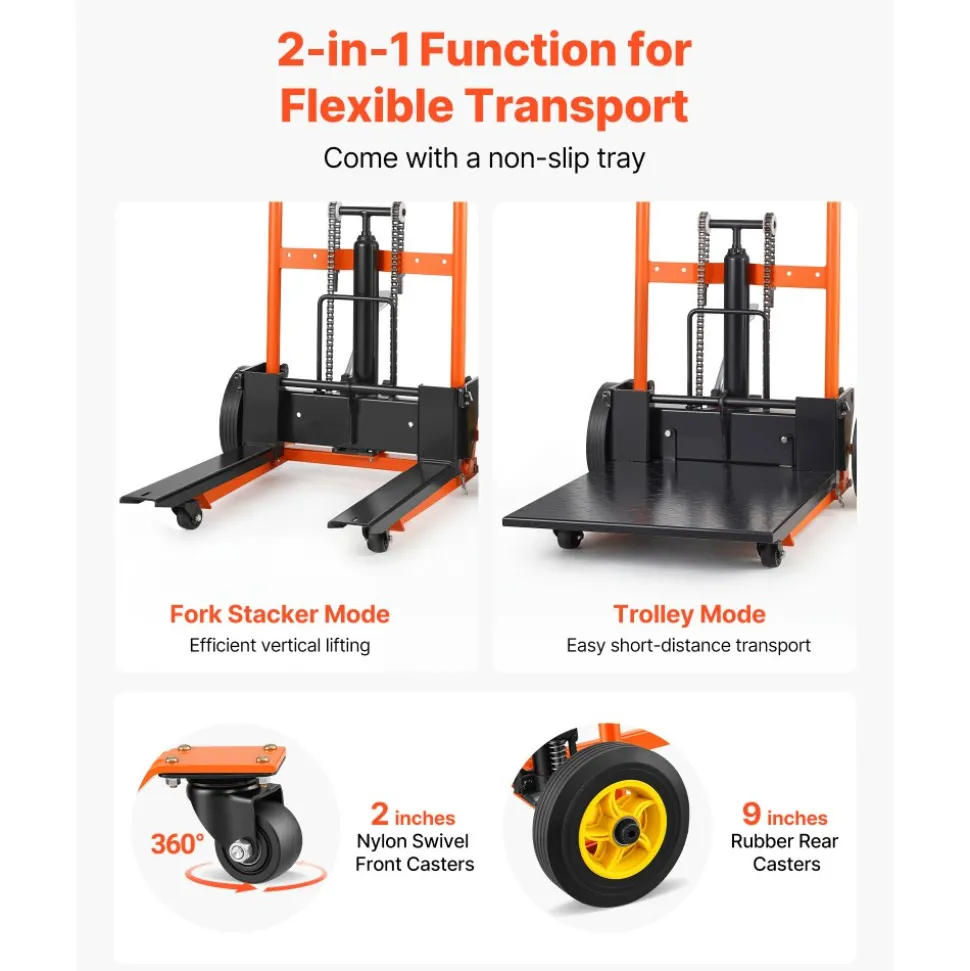 VEVOR Hydraulic Material Lift Winch Stacker, 450 lbs Load Capacity, Pallet Truck Dolly with Fork Lift Table, 39.4 Inches Max Lifting Height, Foldable & Portable Pallet Jack Table Cart, Orange & Black