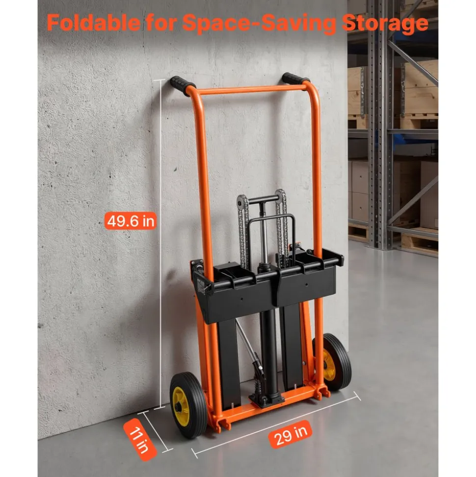 VEVOR Hydraulic Material Lift Winch Stacker, 450 lbs Load Capacity, Pallet Truck Dolly with Fork Lift Table, 39.4 Inches Max Lifting Height, Foldable & Portable Pallet Jack Table Cart, Orange & Black