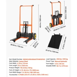 VEVOR Hydraulic Material Lift Winch Stacker, 450 lbs Load Capacity, Pallet Truck Dolly with Fork Lift Table, 39.4 Inches Max Lifting Height, Foldable & Portable Pallet Jack Table Cart, Orange & Black