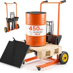 VEVOR Hydraulic Material Lift Winch Stacker, 450 lbs Load Capacity, Pallet Truck Dolly with Fork Lift Table, 39.4 Inches Max Lifting Height, Foldable & Portable Pallet Jack Table Cart, Orange & Black
