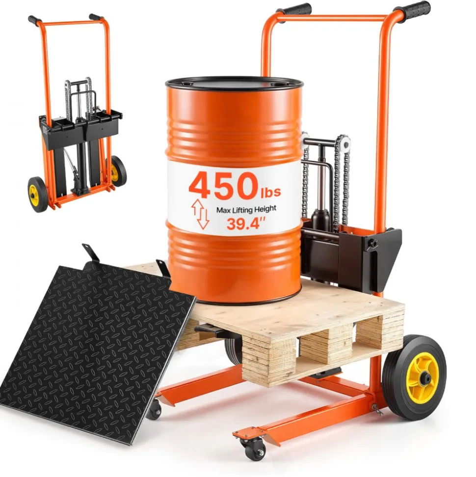 VEVOR Hydraulic Material Lift Winch Stacker, 450 lbs Load Capacity, Pallet Truck Dolly with Fork Lift Table, 39.4 Inches Max Lifting Height, Foldable & Portable Pallet Jack Table Cart, Orange & Black