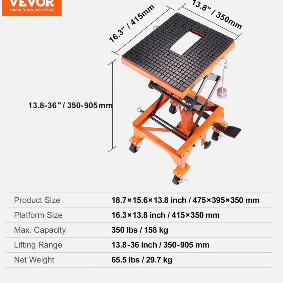 VEVOR Hydraulic Motorcycle Lift Table, 350 LBS Capacity Motorcycle Scissor Jack Lift with Wide Deck, J-hooks, 4 Wheels, Hydraulic Foot-Operated Jack Stand for ATV Dirt Bikes