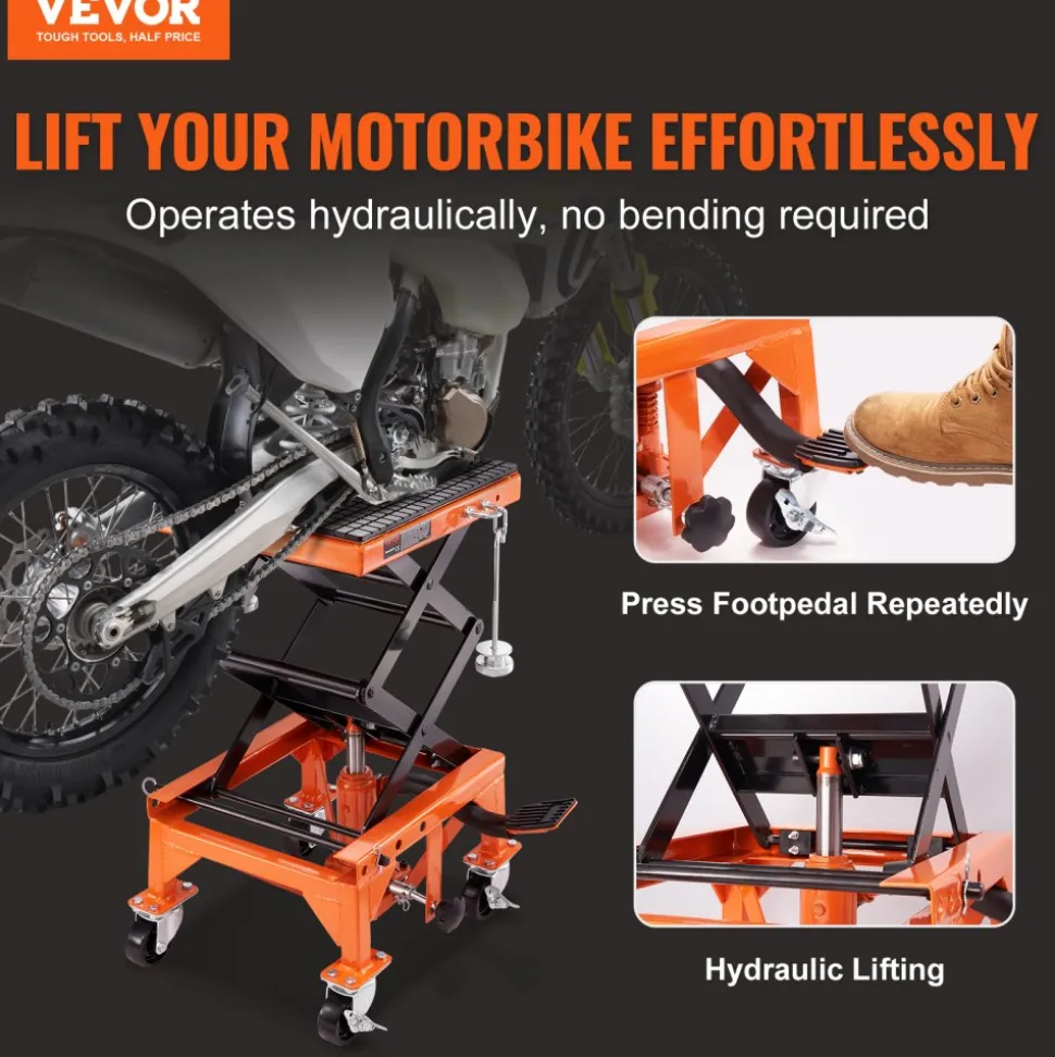 VEVOR Hydraulic Motorcycle Lift Table, 350 LBS Capacity Motorcycle Scissor Jack Lift with Wide Deck, J-hooks, 4 Wheels, Hydraulic Foot-Operated Jack Stand for ATV Dirt Bikes