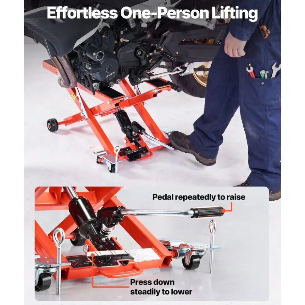 VEVOR Hydraulic Motorcycle Lift Jack, 1100 lbs Capacity, Scissor Lift Jack Portable Motorcycle Hoist Stand with 6 Wheels, 4.72"-15.15" Height Range, Hydraulic Foot-Operated Hoist Stand for Dirt Bikes
