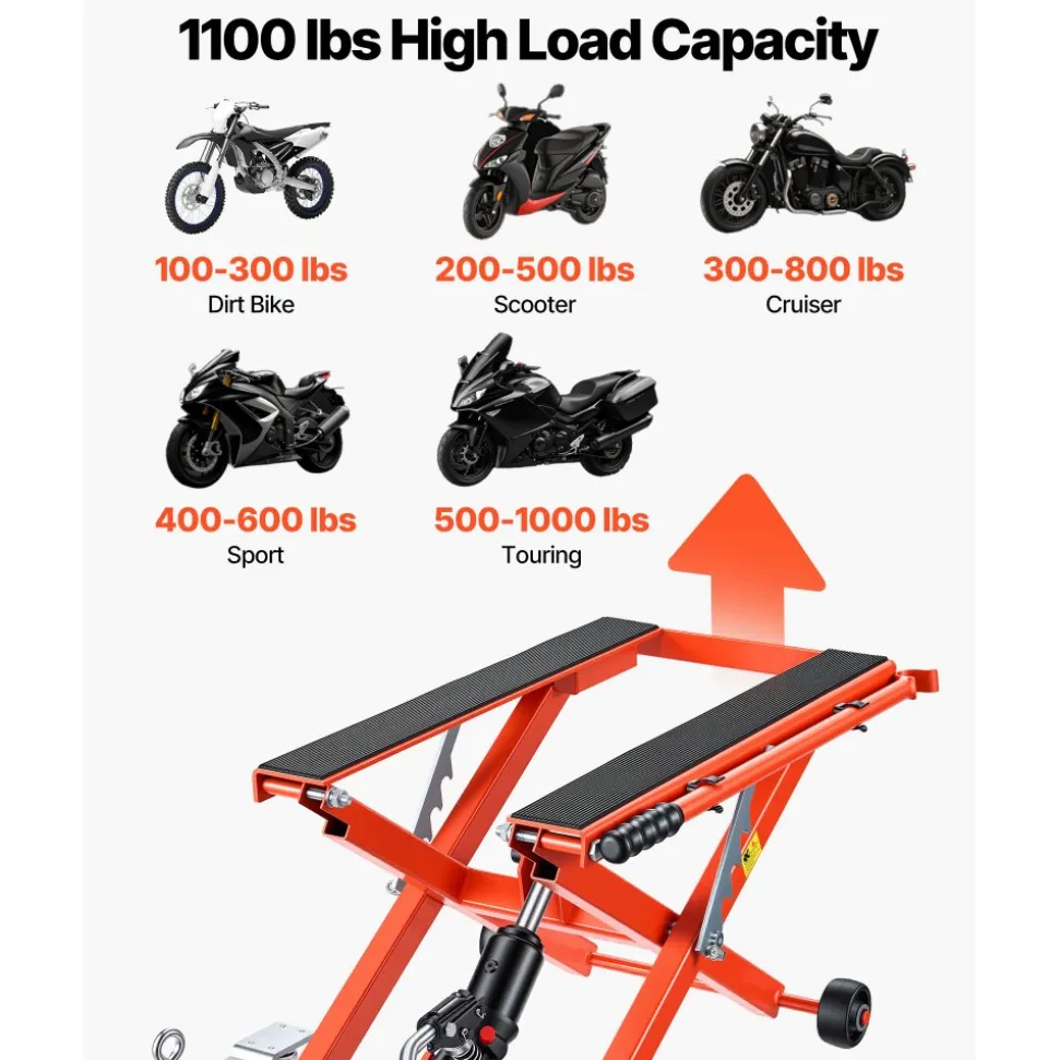 VEVOR Hydraulic Motorcycle Lift Jack, 1100 lbs Capacity, Scissor Lift Jack Portable Motorcycle Hoist Stand with 6 Wheels, 4.72"-15.15" Height Range, Hydraulic Foot-Operated Hoist Stand for Dirt Bikes