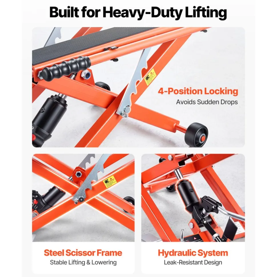VEVOR Hydraulic Motorcycle Lift Jack, 1100 lbs Capacity, Scissor Lift Jack Portable Motorcycle Hoist Stand with 6 Wheels, 4.72"-15.15" Height Range, Hydraulic Foot-Operated Hoist Stand for Dirt Bikes