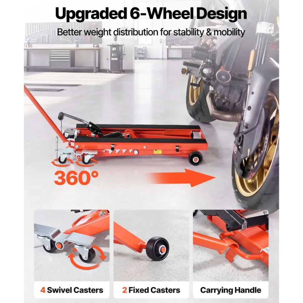 VEVOR Hydraulic Motorcycle Lift Jack, 1100 lbs Capacity, Scissor Lift Jack Portable Motorcycle Hoist Stand with 6 Wheels, 4.72"-15.15" Height Range, Hydraulic Foot-Operated Hoist Stand for Dirt Bikes