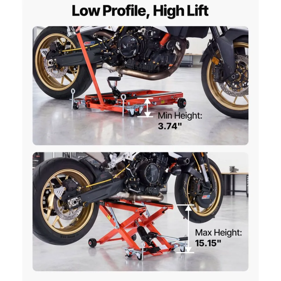 VEVOR Hydraulic Motorcycle Lift Jack, 1100 lbs Capacity, Scissor Lift Jack Portable Motorcycle Hoist Stand with 6 Wheels, 4.72"-15.15" Height Range, Hydraulic Foot-Operated Hoist Stand for Dirt Bikes