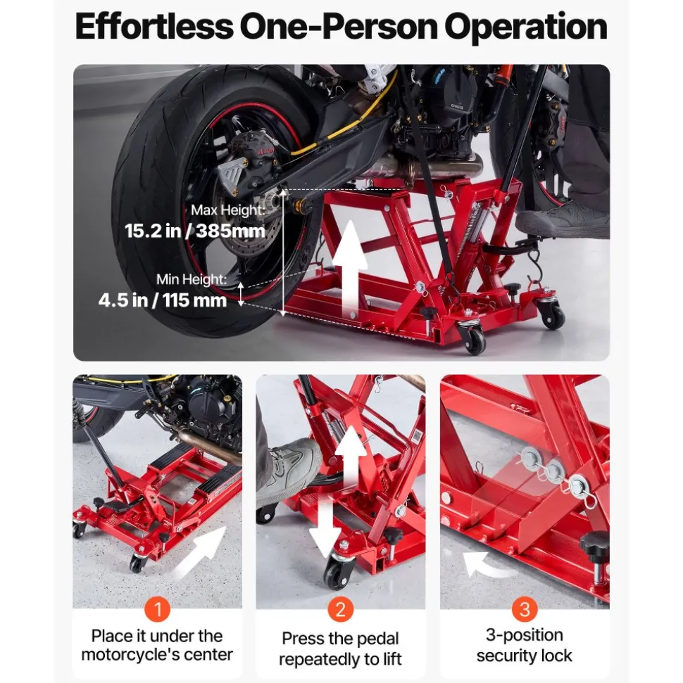VEVOR Hydraulic Motorcycle Lift Jack, 1500 lbs Capacity, ATV Lift Jack Portable Motorcycle Hoist Stand with 4 Wheels, 4.5"-15.2" Height Range, Hydraulic Foot-Operated Hoist Stand for ATVs, Dirt Bikes