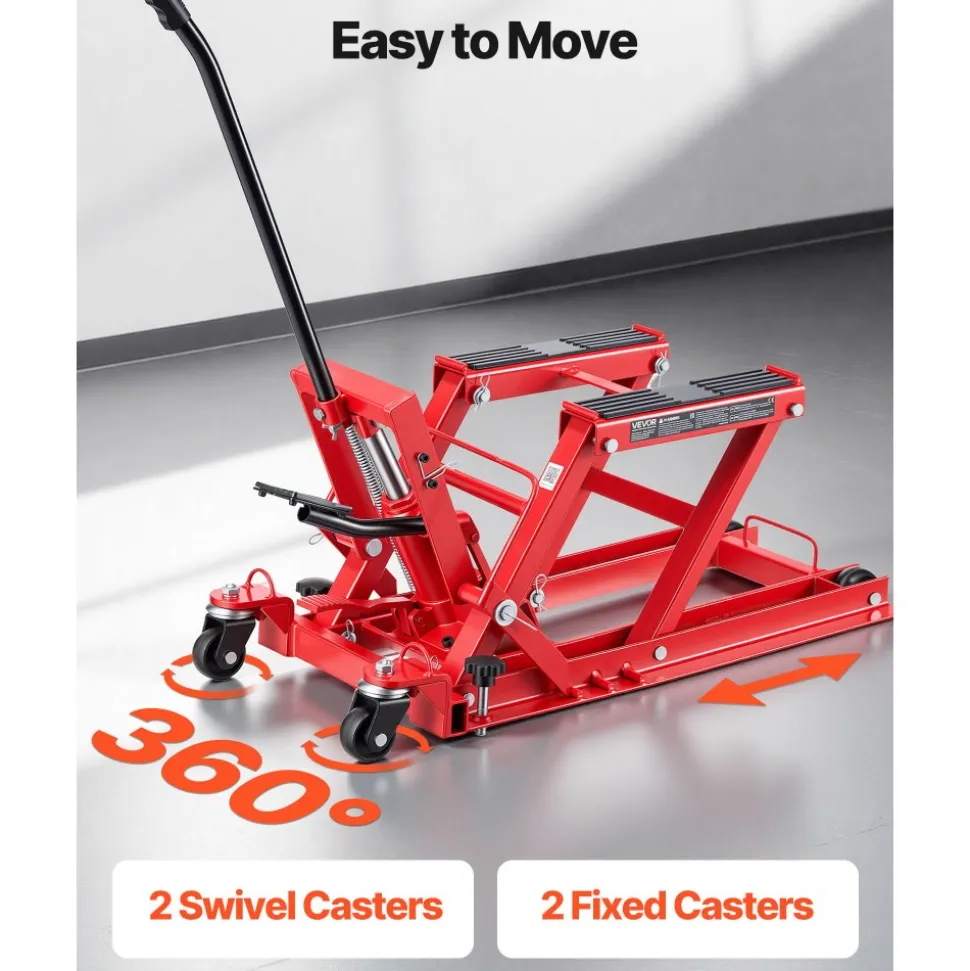 VEVOR Hydraulic Motorcycle Lift Jack, 1500 lbs Capacity, ATV Lift Jack Portable Motorcycle Hoist Stand with 4 Wheels, 4.5"-15.2" Height Range, Hydraulic Foot-Operated Hoist Stand for ATVs, Dirt Bikes