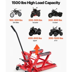 VEVOR Hydraulic Motorcycle Lift Jack, 1500 lbs Capacity, ATV Lift Jack Portable Motorcycle Hoist Stand with 4 Wheels, 4.5
