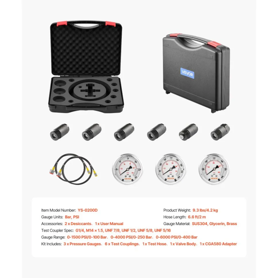VEVOR Hydraulic Nitrogen Accumulator Charging Kit, All-in-One Nitrogen Fill Kit, Pressure Test System with 3 Gauges (1500, 4000, 6000 PSI), 6 Adapters Couplings, 1 Gas Hose, 1 Valve, 1 CGA580 Adapter