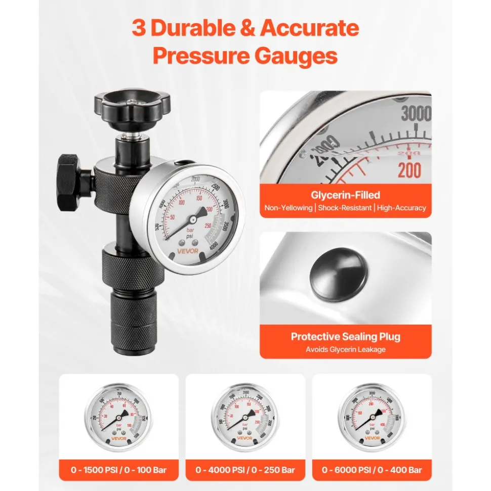 VEVOR Hydraulic Nitrogen Accumulator Charging Kit, All-in-One Nitrogen Fill Kit, Pressure Test System with 3 Gauges (1500, 4000, 6000 PSI), 6 Adapters Couplings, 1 Gas Hose, 1 Valve, 1 CGA580 Adapter