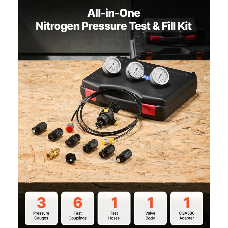 VEVOR Hydraulic Nitrogen Accumulator Charging Kit, All-in-One Nitrogen Fill Kit, Pressure Test System with 3 Gauges (1500, 4000, 6000 PSI), 6 Adapters Couplings, 1 Gas Hose, 1 Valve, 1 CGA580 Adapter