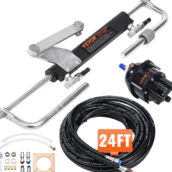 VEVOR Hydraulic Outboard Steering Kit, 90HP, Marine Boat Hydraulic Steering System, with Helm Pump Two-Way Lock Cylinder and 24 Feet Hydraulic Steering Hose, for Single Station Single-Engine Boats