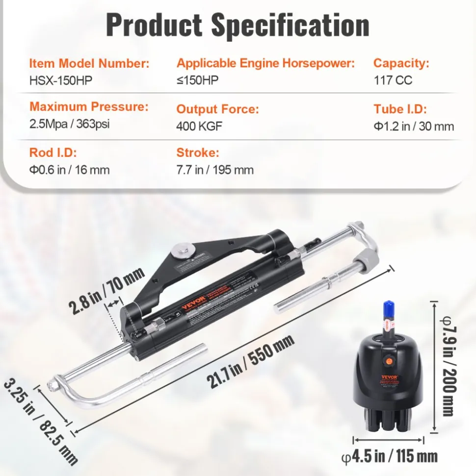 VEVOR Hydraulic Outboard Steering Kit, 150HP, Marine Boat Hydraulic Steering System, with Helm Pump Two-Way Lock Cylinder and 26 Feet Hydraulic Steering Hose, for Single Station Single-Engine Boats