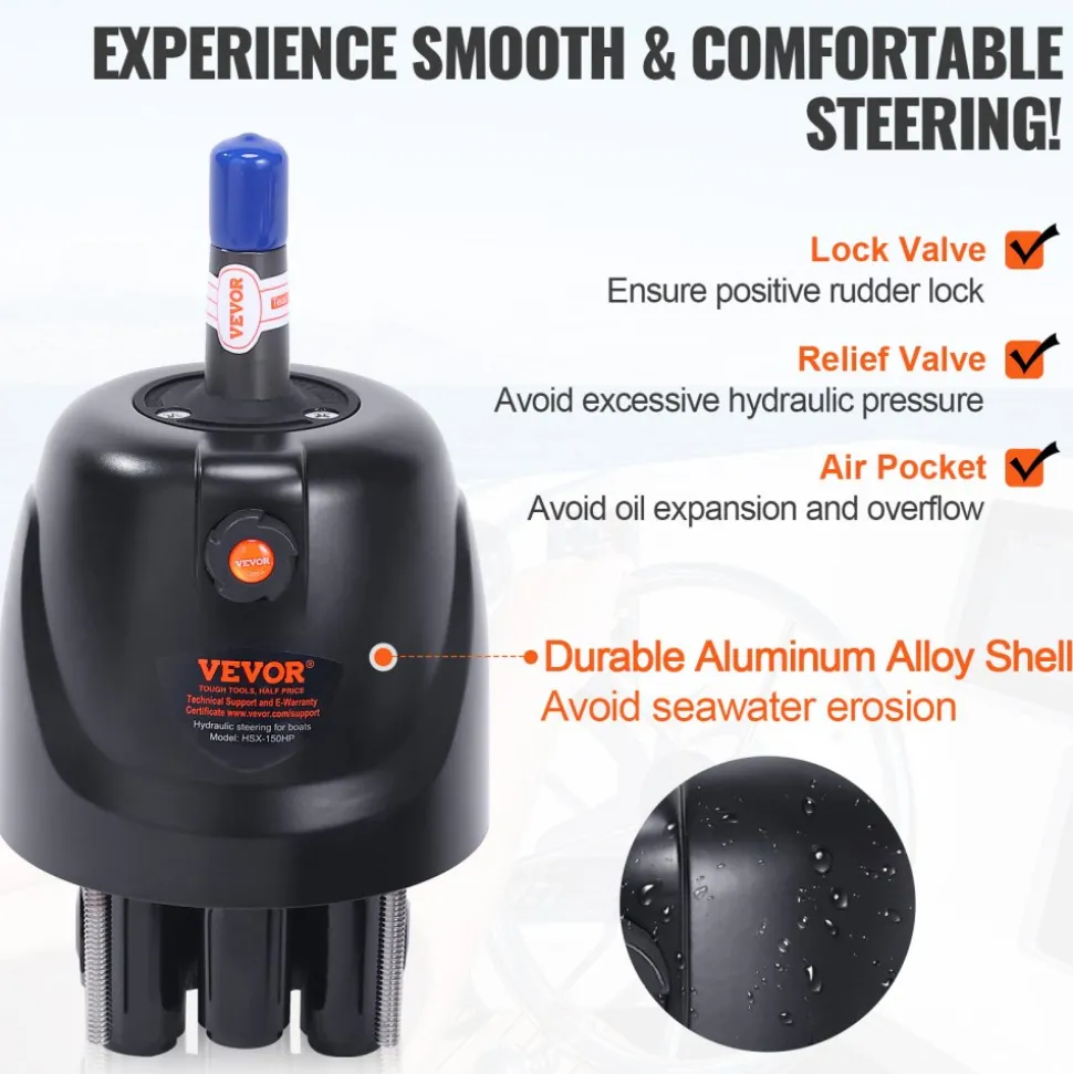 VEVOR Hydraulic Outboard Steering Kit, 150HP, Marine Boat Hydraulic Steering System, with Helm Pump Two-Way Lock Cylinder and 26 Feet Hydraulic Steering Hose, for Single Station Single-Engine Boats