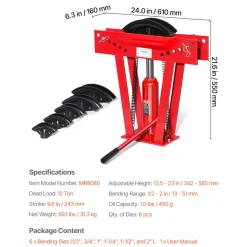 VEVOR Hydraulic Pipe Bender, 12 Ton Manual Copper Exhaust Pipe Bending Machine with 6 Dies (1/2" - 2") and 90 - 180° Adjustable Rollers, Heavy-Duty Pipe Tube Bender for Piping Railing Construction
