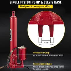 VEVOR Hydraulic/Pneumatic Long Ram Jack, 8 Tons/17363 lbs Capacity, with Single Piston Pump and Clevis Base, Manual Cherry Picker with Handle, for Garage/Shop Cranes, Engine Lift Hoist, Red