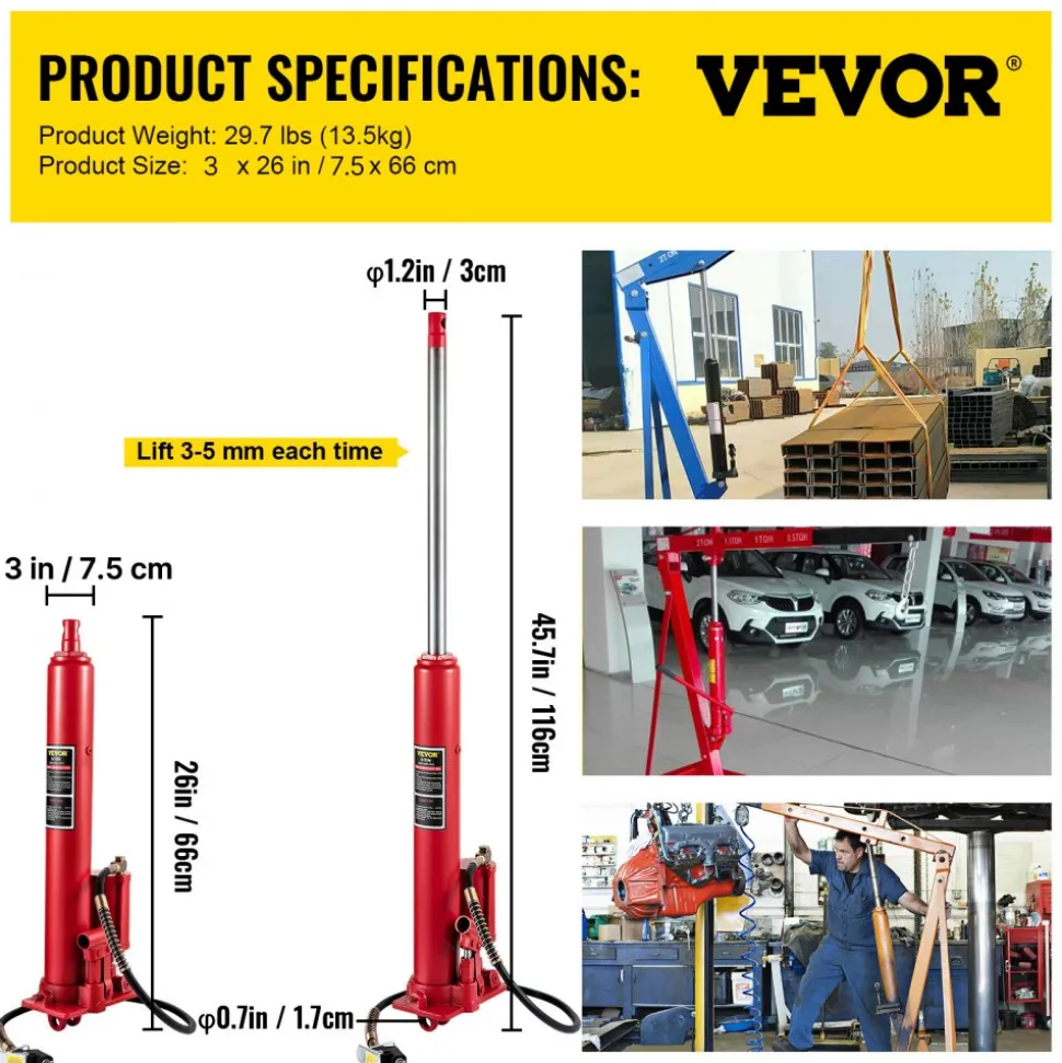 VEVOR Hydraulic/Pneumatic Long Ram Jack, 8 Tons/17363 lbs Capacity, with Single Piston Pump and Clevis Base, Manual Cherry Picker with Handle, for Garage/Shop Cranes, Engine Lift Hoist, Red