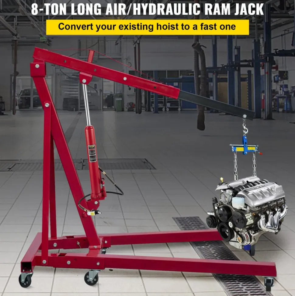 VEVOR Hydraulic/Pneumatic Long Ram Jack, 8 Tons/17363 lbs Capacity, with Single Piston Pump and Clevis Base, Manual Cherry Picker with Handle, for Garage/Shop Cranes, Engine Lift Hoist, Red