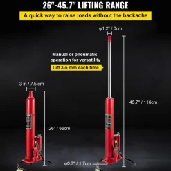 VEVOR Hydraulic/Pneumatic Long Ram Jack, 8 Tons/17363 lbs Capacity, with Single Piston Pump and Clevis Base, Manual Cherry Picker with Handle, for Garage/Shop Cranes, Engine Lift Hoist, Red