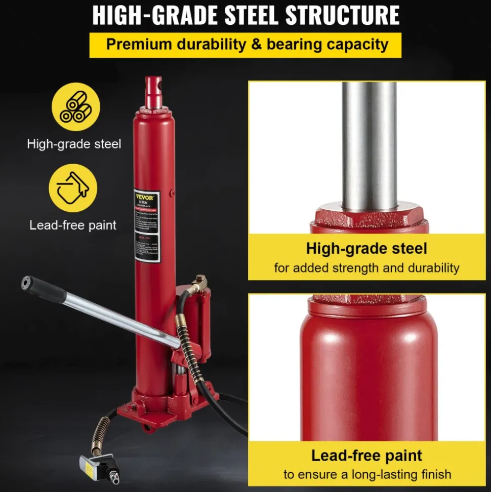 VEVOR Hydraulic/Pneumatic Long Ram Jack, 8 Tons/17363 lbs Capacity, with Single Piston Pump and Clevis Base, Manual Cherry Picker with Handle, for Garage/Shop Cranes, Engine Lift Hoist, Red