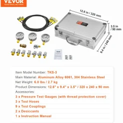 VEVOR Hydraulic Pressure Test Kit, 250/400/600bar, 3 Gauges 9 Test Couplings 3 Test Hoses, Excavator Hydraulic Test Gauge Set with Portable Carrying Case for Excavator Tractors Construction Machinery