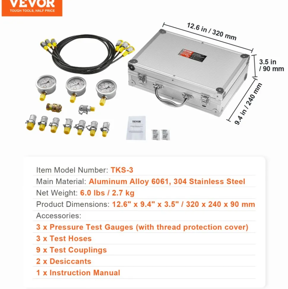 VEVOR Hydraulic Pressure Test Kit, 250/400/600bar, 3 Gauges 9 Test Couplings 3 Test Hoses, Excavator Hydraulic Test Gauge Set with Portable Carrying Case for Excavator Tractors Construction Machinery