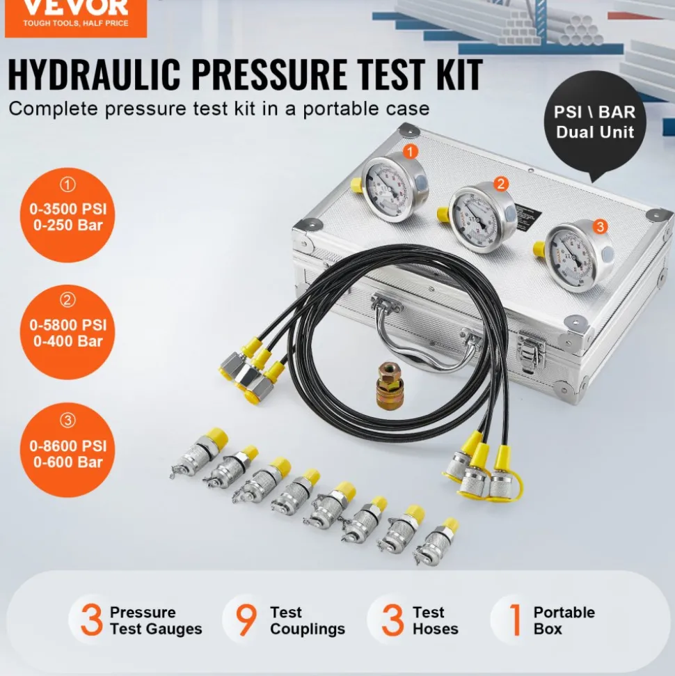 VEVOR Hydraulic Pressure Test Kit, 250/400/600bar, 3 Gauges 9 Test Couplings 3 Test Hoses, Excavator Hydraulic Test Gauge Set with Portable Carrying Case for Excavator Tractors Construction Machinery
