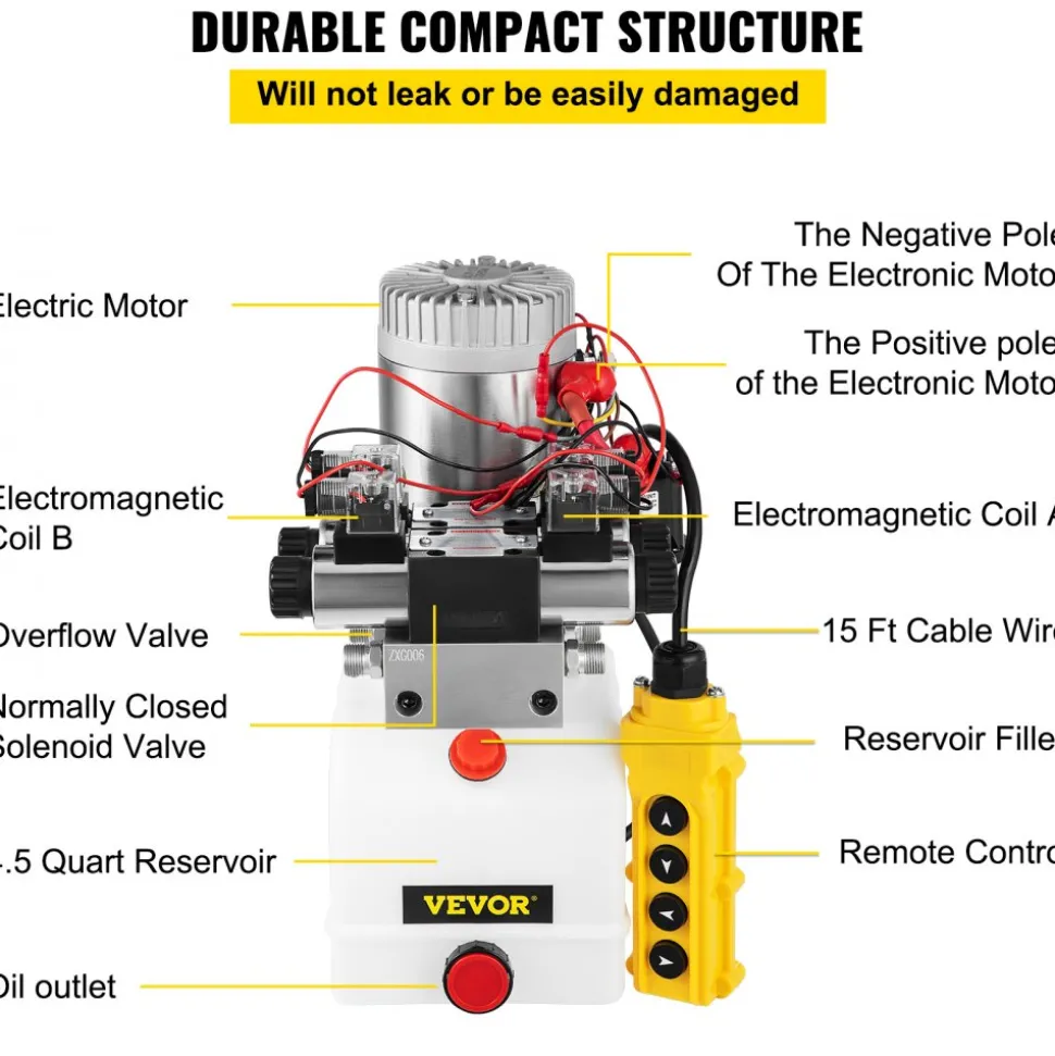 VEVOR Hydraulic Pump Double Acting Hydraulic Power Unit Double Solenoid Hydraulic Power Pack 12V DC Hydraulic Power Pump with 4.5Liter Reservoir for Dump Trailer Car Lifting