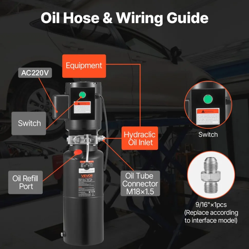 VEVOR Hydraulic Pump Power Unit, AC 220V, 10 Quart Single Acting Hydraulic Unit, 6.3 L/min Oil Flow, Max Discharge Pressure 22 MPa for Dump Truck, Auto Repair Garage, Car Lifting Platforms, Black