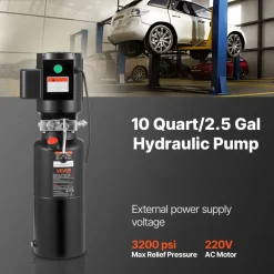 VEVOR Hydraulic Pump Power Unit, AC 220V, 10 Quart Single Acting Hydraulic Unit, 6.3 L/min Oil Flow, Max Discharge Pressure 22 MPa for Dump Truck, Auto Repair Garage, Car Lifting Platforms, Black
