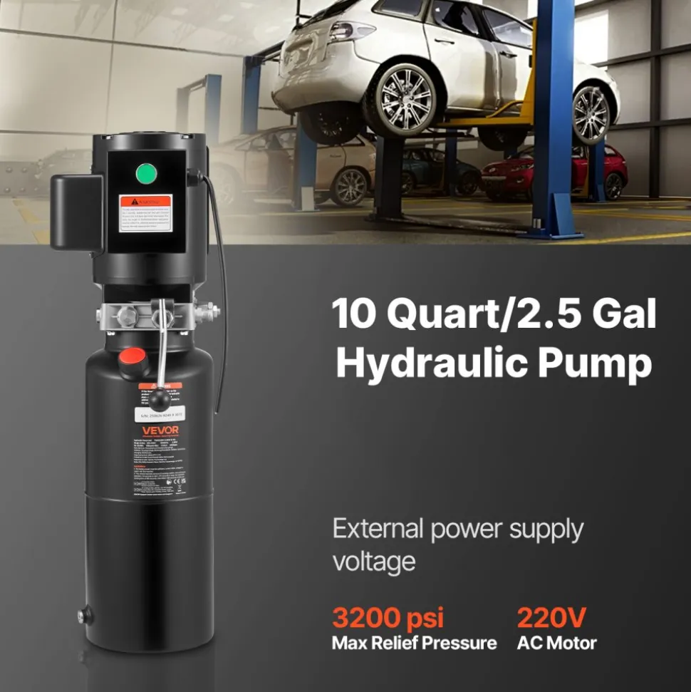 VEVOR Hydraulic Pump Power Unit, AC 220V, 10 Quart Single Acting Hydraulic Unit, 6.3 L/min Oil Flow, Max Discharge Pressure 22 MPa for Dump Truck, Auto Repair Garage, Car Lifting Platforms, Black