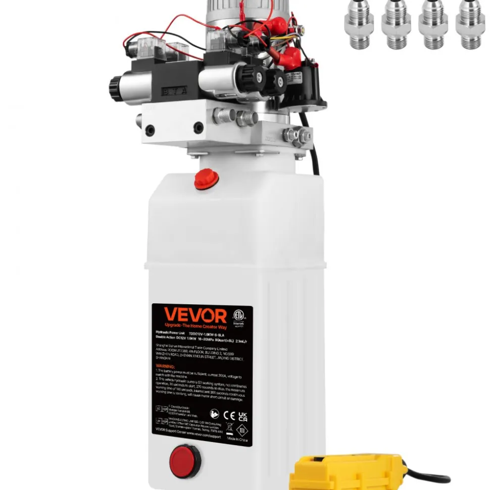 VEVOR Hydraulic Pump, 8 Quart/2 Gal Double Acting Dump Trailer Pump DC 12V, 3200 PSI Max Relief Pressure, Electric Hydraulic Power Unit for Dump Trailer Car Lifting (with 4pcs SAE #6 Connectors)
