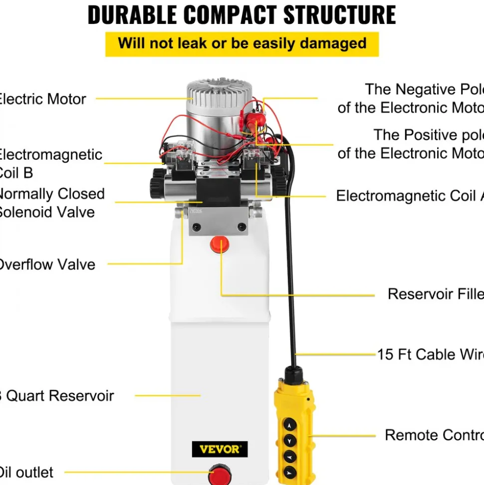 VEVOR Hydraulic Pump, 8 Quart/2 Gal Double Acting Dump Trailer Pump DC 12V, 3200 PSI Max Relief Pressure, Electric Hydraulic Power Unit for Dump Trailer Car Lifting (with 4pcs SAE #6 Connectors)