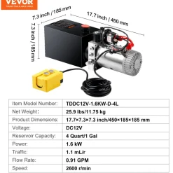 VEVOR Hydraulic Pump, 4 Quart Hydraulic Power Unit, Single Acting Dump Trailer Pump, 0.91 GPM Flow Rate, 3200 PSI Max Relief Pressure, DC 12V Hydraulic Pump for Dump Trailer Car Lifting