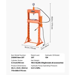 VEVOR Hydraulic Shop Press, 20 T H-Frame Pneumatic Shop Press with Press Plate, Stable Garage Floor Adjustable Hydraulic Press with Triangular Support, Fit for Bending, Straightening & Stamping