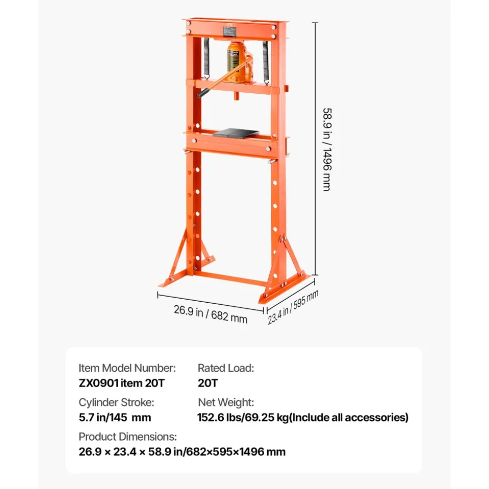 VEVOR Hydraulic Shop Press, 20 T H-Frame Shop Press with Press Plate & Triangular Support, Stable Garage Floor Adjustable Hydraulic Press with Relief Valve, Fit for Bending, Straightening & Stamping