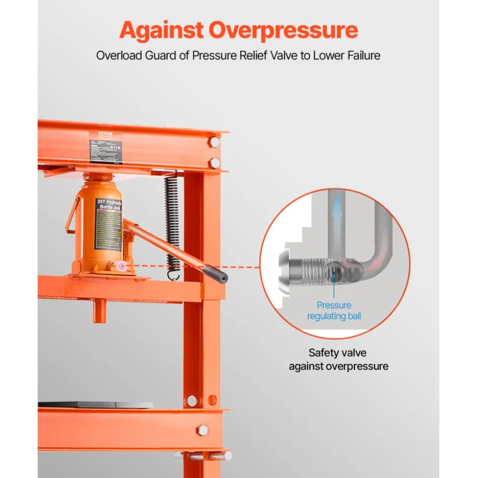 VEVOR Hydraulic Shop Press, 20 T H-Frame Shop Press with Press Plate & Triangular Support, Stable Garage Floor Adjustable Hydraulic Press with Relief Valve, Fit for Bending, Straightening & Stamping