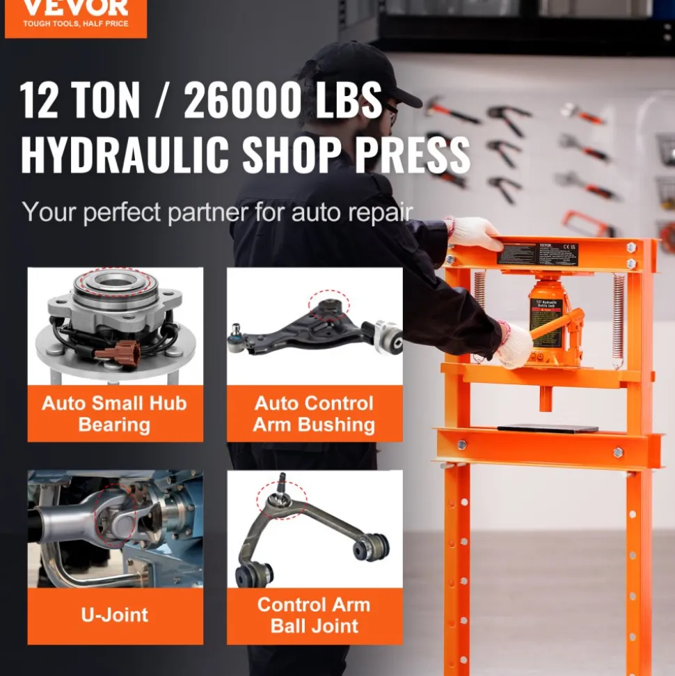 VEVOR Hydraulic Shop Press, 12 Ton H-Frame Hydraulic Garage/Shop Floor Press, Adjustable Shop Press with Press Plates, Heavy Duty Hydraulic Press for Garage, Shop, Workshop
