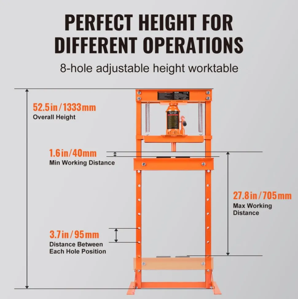 VEVOR Hydraulic Shop Press, 12 Ton H-Frame Hydraulic Garage/Shop Floor Press, Adjustable Shop Press with Press Plates, Heavy Duty Hydraulic Press for Garage, Shop, Workshop