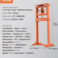 VEVOR Hydraulic Shop Press, 12 Ton H-Frame Hydraulic Garage/Shop Floor Press, Adjustable Shop Press with Press Plates, Heavy Duty Hydraulic Press for Garage, Shop, Workshop